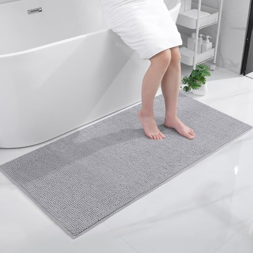 OLANLY Chenille Badematte rutschfest Badezimmerteppich Groß, 70x150 cm | Waschbar Weich Badteppich Badvorleger Saugfähige Duschvorleger Badezimmer Deko, Hellgrau