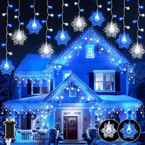 Dalugo Christmas Icicle Lights Outdoor, 10M 240 LED Snowflake Lights Blue and White Mains Powered with 6H Timer, Memory Function, 8 Modes Waterproof for Porch, Railing, Eave, Christmas Decor