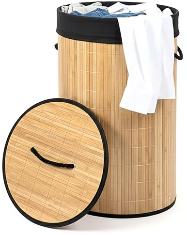 ADEPTNA Large Collapsible Bamboo Laundry Basket with Lid – Sturdy & Foldable Washing Hamper Bin with Removable Liner & Strong Handles – Spacious Yet Space-Saving Storage Solution (ROUND BASKET)