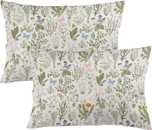 HANAOLAN Throw Pillow Covers Queen Size Set of 2 Vintage Wildflower Herbs Floral Rustic Butterfly Cushion Case Pillowcase Standard Pillow Cover for Bed Sofa 20x30 Inch