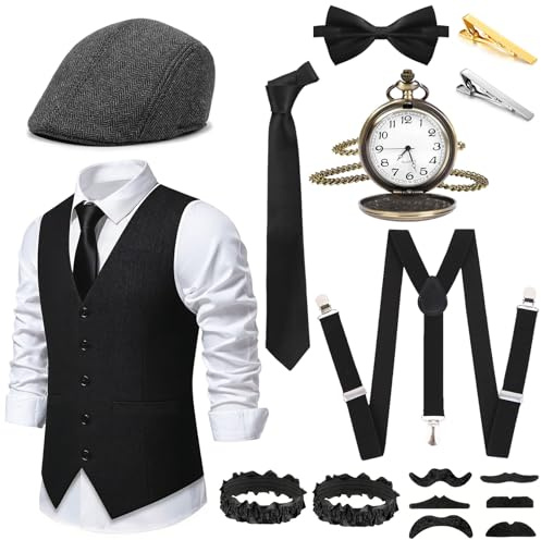 Spetsbst 20er Jahre Kostüm Herren Accessoires, Mafia FaschingsKostüme Männer mit Weste Taschenuhr Hut usw., Halloween Karneval Kostüme für Themenpartys, Rollenspiele