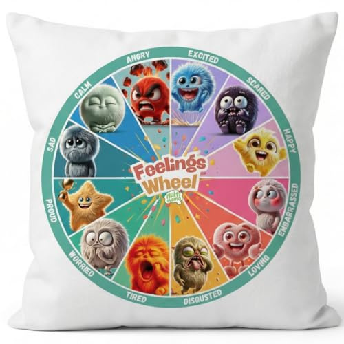 Multi-Memo Feelings Wheel Pillow Cover 18x18 in – Calming Corner Emotional Learning Cushion for Kids, Soft Synthetic Velvet | Throw Pillow Case for Classroom, Therapy, Playroom or Bedroom