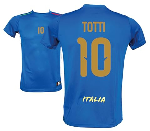 Generico Maglia Italia Calcio Totti 10, Blu con Stampe in Oro, Replica Maglietta Nazionale Italiana, Taglie da Adulto e Bambino (IT, Testo, M)