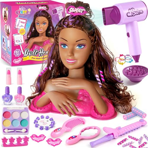 vamei Testa Bambola da Truccare e Pettinare, Set Gioco Parrucchiera Bambina con Asciugacapelli, Smalto per Unghie, Testa da Pettinare Bambina Bambola da Truccare Giocattolo per Ragazze 3 4 5 6 Anni