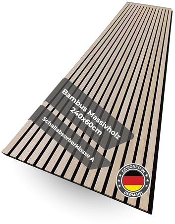 Sanfino Bambus Akustikpaneele 240x60 Echtholz OHNE Furnier (4 Stk./5,76m²) – 2,2cm hohe 3D Wandpaneele mit schwarzem Filz – Schallschutz Klasse A – Wandverkleidung innen für Wohnzimmer, Studio & Büro