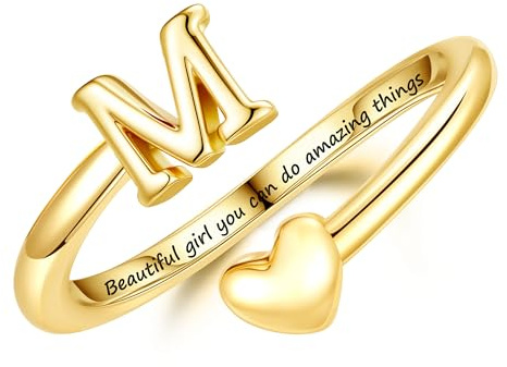 Turandoss Gold M Initial Rings for Women Girls Kids Gifts Adjustable Ring