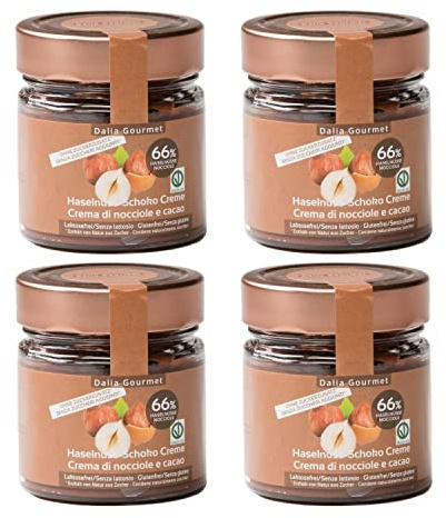 Dalia - Crema spalmabile | Senza aggiunta di zuccheri con ERITRITOLO - STEVIA | Senza Lattosio | Senza Glutine | Prodotto artigianale italiano | 4 pezzi da 200 g |Nocciole - Cacao con 66% di Nocciole