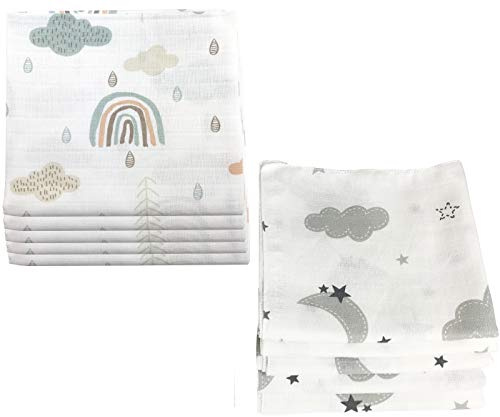 M.M.C. Mullwindeln Baby 10er Pack 80x70 cm – Spucktücher, Mulltücher und Stoffwindeln aus 100% Baumwolle, ÖKO-TEX Zertifiziert, saugstark und waschbar (Wolken (5 grau, 5 grün))