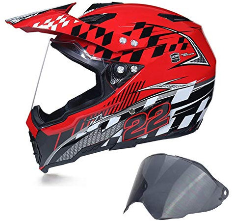 Motocross Helm/ UV-Schutz Visier, Motorrad Crosshelm Offroad Cross Helme Full Face MTB Helm Schutzhelm Motorradhelm für Downhill Enduro Quad, Abnehmbar Futter,Rot,L