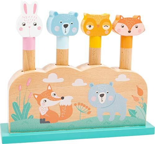 Small Foot 11474 Amusants Animaux de Saut en Bois, 4 Animaux Mignons à Pousser vers Le Bas Sautent Joyeusement dans L'air
