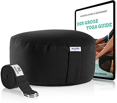 NAJATO Sports Meditationskissen | Yogakissen, Yogagurt & E-Book (PDF Datei) | Rundes Yoga Kissen mit Buchweizenschalen-Füllung | Waschbarer Bezug aus Baumwolle | 30 cm Durchmesser, 14 cm hoch