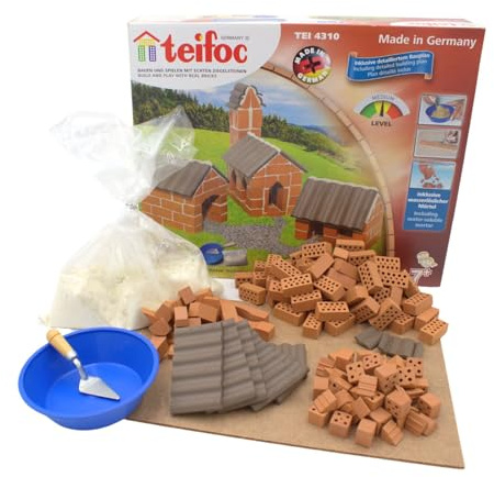 teifoc Dorf, Steinbaukasten 4310 mit 155 Bauteilen, 3 Bauvarianten möglich | Bauset für Mädchen und Jungen, DIY selbst bauen, Geschenk für Kinder ab 6 7 8 Jahren, Ziegelsteine Kinder, Set mit Mörtel