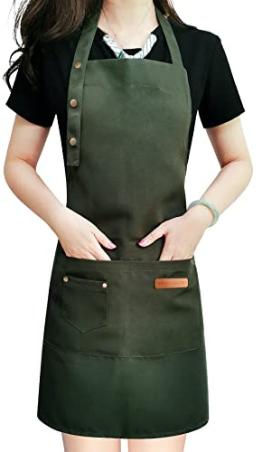 LOYGLIF Apron for Men Women with Adjustable Straps and Large Pockets, Canvas Cotton Cooking Kitchen Chef Bib Aprons Waterproof Green