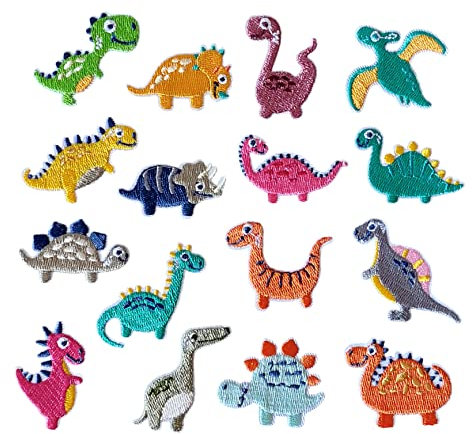 Laufal Bügelflicken Dinosaurier, 16 Sticker für Kleidung Taschen Rucksäcke zum Aufbügeln oder Aufnähen, zum Reparieren von Kinderhosen, DIY T-Shirt Jeans Jacken und Hosen, Patches