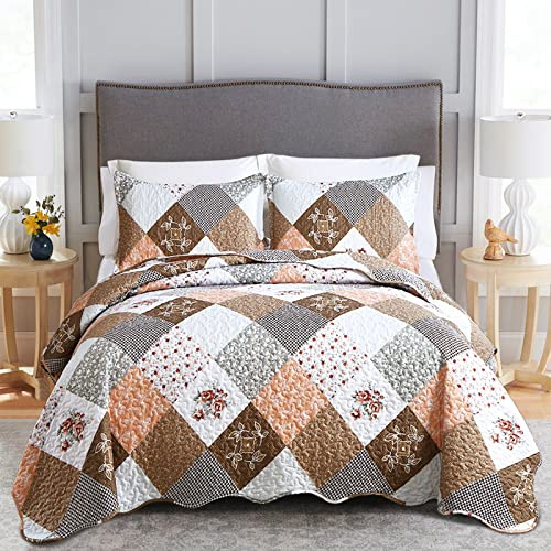 Dinjoy Floral Plaid Patchwork Quilt Set Queen Size, Reversible Brown Bedding Set Soft Microfiber Lightweight Bedspread Coverlet 3 Piece Fall Autumn Summer Use (90x90 inches)
