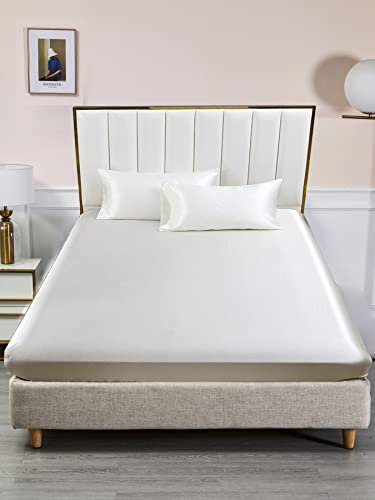 Spannbettlaken 120x200 Beige Creme Boxspringbett Satin Bettlaken Glänzend Seide Spannbetttuch Uni Muster Hochwertiges Spannleintuch für Hohe Matratze bis 25-30 cm