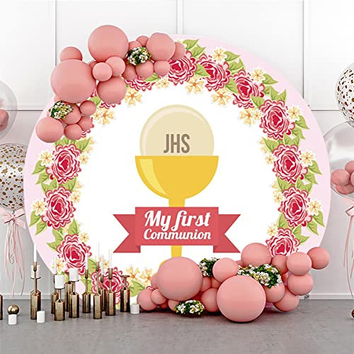 Bovlleetd 150 cm Première Communion Toile de Fond God Bless Photographie Fond Rose Rose Guirlande Calice Rond Décors pour Nouveau-né Fête d'anniversaire Décoration Bannière Gâteau Table Décor