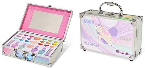 Martinelia Palette de Maquillage Enfant Licorne - Mallette Kit de Maquillage pour Fille : Rouge à Lèvres, Fard à Paupières, Vernis à Ongles Enfant, Blush Multicolores avec Miroir - Mallette en Métal