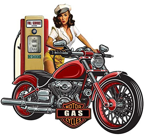 BY SIGRIS - Wanddeko aus Metall: Vintage-Motorrad, sexy Pin-up und Tankstelle Vintage, L 67 cm