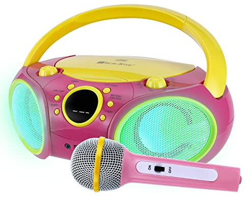 SINGINGWOOD NP030AB-YP Portable Karaoke System, Pink Boombox with Bluetooth, CD, USB, AM/FM Radio, LED Lights Sync to Music, AC or Battery Powered