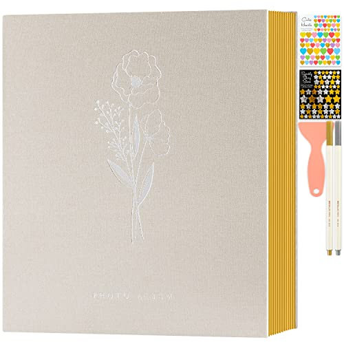 Lanpn Fotoalbum Selbstklebend Einkleben Scrapbook, Leinen Groß Weiße Seiten Fotobuch zum Selbstgestalten mit Metallischer Stift 10x15 13x18 A4 A5 Bilder (Große,20 Blatt/40 Seiten,Beige)
