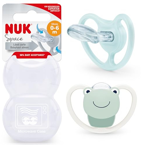 NUK Space Baby Chupete, 0-6 meses, chupetes con ventilación adicional para pieles sensibles y pieles sensibles, silicona sin BPA, rana, 2 unidades
