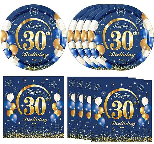 40PCS Happy 30th Birthday Decorations Navy Blue and Gold Thirty disposable tableware Include Plates Napkins for Man 30th Birthday Anniversary Party Supplies