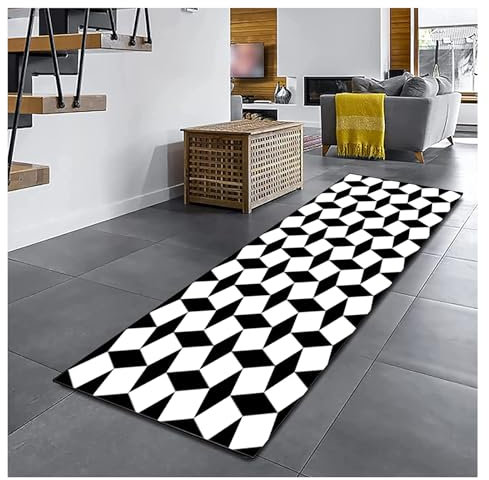 Siunwdiy Teppichmatten 80X400CM Läufer Teppich Flur rutschfest Küchenteppich Schwarz und weiß Waschbar Meterware Schlafzimmer Korridor Teppichläufer Lang, Länge Anpassbare, 40-140cm Breit