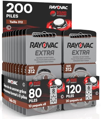 200 Rayovac Extra Size 312 PR41 (Brown) Hearing Aid Batteries - 10 Blisters de 8 et 20 Blisters de 6 Batteries