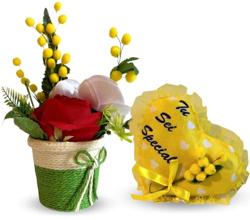 NARAMAKI Navidad 2024 Jarrón con Flores Falsas y Mimosas + 1 Cojín de Corazón con Mimosa Decoración del Hogar Regalo para Mujer