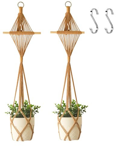 XINBOR 2Pcs Macrame Indoor Plant Hangers, Boho Hanging Planters, Large for up to 10 inch Pot, No Tassels, Long, with 2 Hooks (Caramel)