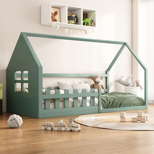 Kinderbett Bodenbett 90x200 cm, Bett mit Rausfallschutz und Lattenrost, Wärmes Hausbett mit Fenster für Mädchen und Jungen, Jugendbett Einzelbett Spielbett Holzbett Bettgestell, Kiefernholz, Grün