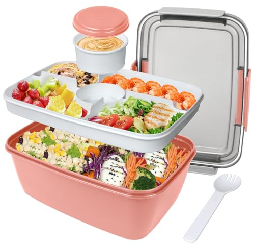 Recipientes de ensalada grande de 2000 ml para adultos, a prueba de fugas, con bandeja de 5 compartimentos, tapa, ollas, cubiertos para el trabajo, picnic, alimentos, aperitivos, frutas, color rosa