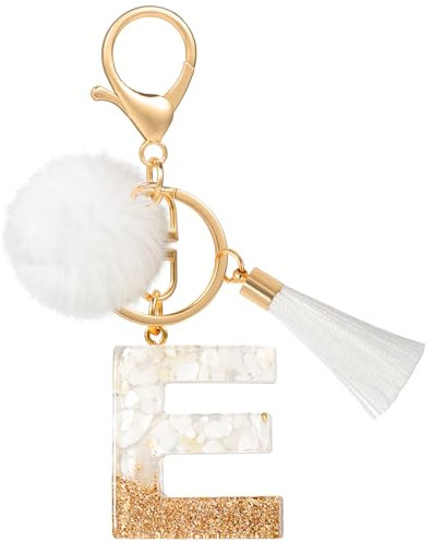 MWOOT E Porte Clé Lettre Peluche Tassel, Or Blanc Initial Résine Keychain Personnalisé, Porte Clef Lettre Pendentif Décoratif, Kawaii Porte Clef Voiture Charm, Idee Cadeau D'Anniversaire pour Femme(E)