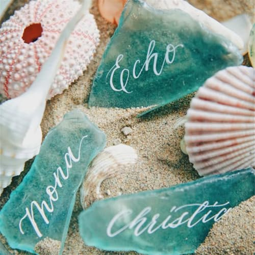 TETOU Blank Irregular Shaped Pieces Sea Glass Place Cards DIY Name Cards for Beach Wedding, Banquets Dinner Party Events Decoration (10pcs,Blue-Green)