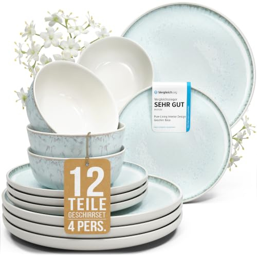 Steingut Geschirrset 4 Personen Ibiza 12 tlg. TESTSIEGER, Traumhaftes Mediterranes Steingut Geschirr Set, Schüssel- und Teller Set, Tafelservice 4 Personen, Geschirrsets Pure Living in Blau-Beige
