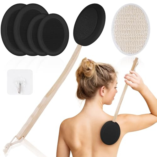 URAQT Aplicador Crema Espalda, 7 Pack Aplicador de Loción de Mango Largo, 2 en 1 Cepillos de Cuerpo para Autoaplicación y Ducha con 4 Almohadillas de Esponjas, Esponja Exfoliante de Lufa (Negro)