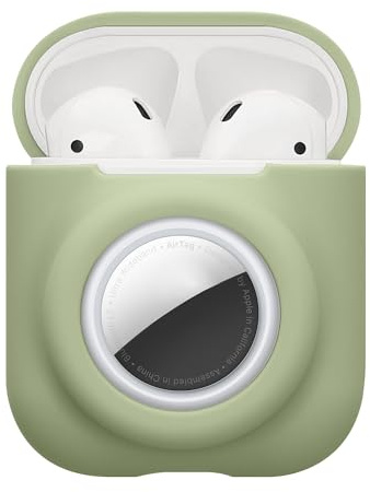 kwmobile 2-in1 Schutzhülle für Apple Airpods 1 & 2 Hülle - Kopfhörer Silicon Case kompatibel mit AirTag - stoßfestes Cover mit Karabiner - Matcha Grün