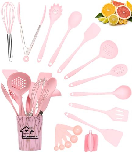 18 Pezzi Utensili Cucina Silicone, Antiaderente resistente al calore,Set di Utensili da Cucina in Silicone,Lavabile in lavastoviglie,Set Mestoli Cucina,Accessori Cucina con contenitore(rosa)