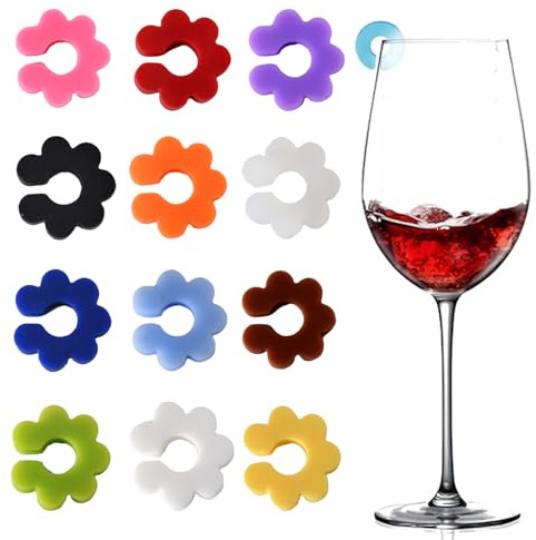 12 ciondoli per bicchieri da vino, in silicone, colorati, riutilizzabili, per feste, ricevimenti, decorazioni per feste, flute da champagne, cocktail, martini, Misura unica, Plastica, Nessuna pietra