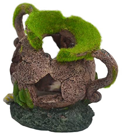 POPETPOP Simulated Resin Mossy Jar for Aquarium Fish Tank Ornament Pleco Cave Shrimp Hideaway Decorative Landscape