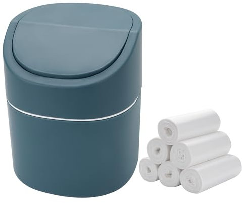 Ronyes Mini Desktop Trash Can with Swing Lid with Trash Bag 180 Pcs, 2 Litres Swing-Top Small Countertop Garbage Bin Tiny Table Top Plastic Covered Waste Basket Can (Blue)