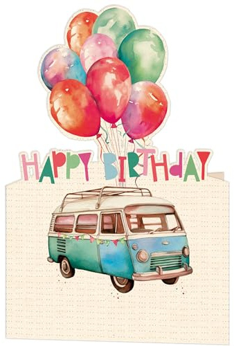 GreenLine Glückwunschkarte zum Geburtstag | 1 Stück mit Umschlag | Geburtstagskarte Camper | Klappkarte aus 100% baumfreien Zuckerrohrpapier | 3D Effekt-Card mit Laser-Cut | 11,5x17cm