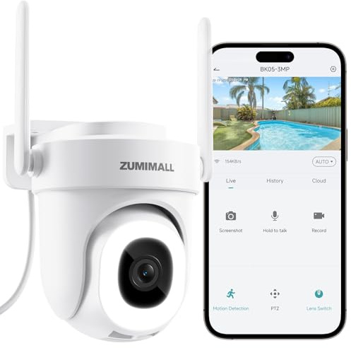 ZUMIMALL 2K Überwachungskamera Aussen mit Auto-Tracking, 24/7 Aufnahme | 355°/90° PTZ, Kabelgebunden, 2.4/5G Dualband WLAN Kamera überwachung aussen, 3MP Farbnachtsicht, KI-Erkennung