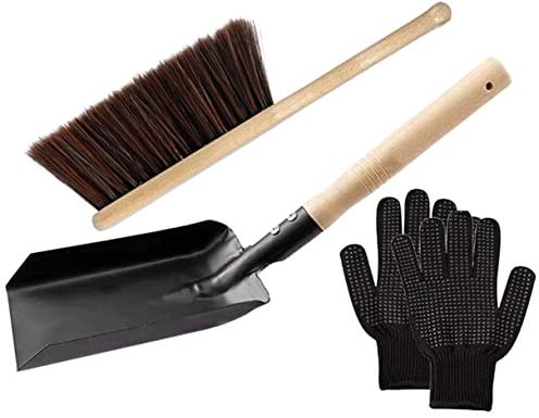 Sosoport Juego De Herramientas Para Chimenea Cepillo De Cerdas y Pala De Acero Al Carbono, Mango De Madera Natural, Guantes De Silicona Resistentes Al Calor, Limpieza Doméstica