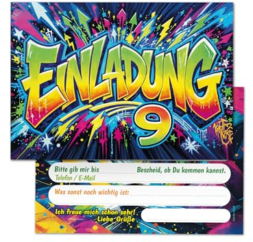 Junaversum 12 Einladungskarten zum 9. Kindergeburtstag Kinder Junge Mädchen Graffiti coole bunte Einladungen neunte Geburtstag Geburtstagseinladungen Kids