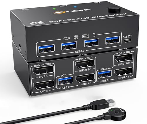 ESKEVE 8K@30Hz KVM Switch 2 Monitors 2 Computers, 4K@144Hz Dual Monitor KVM Switch DisplayPort with 4 USB 3.0 Ports, Support Extended & Mirror Mode, with USB Cable and Wired Remote Control