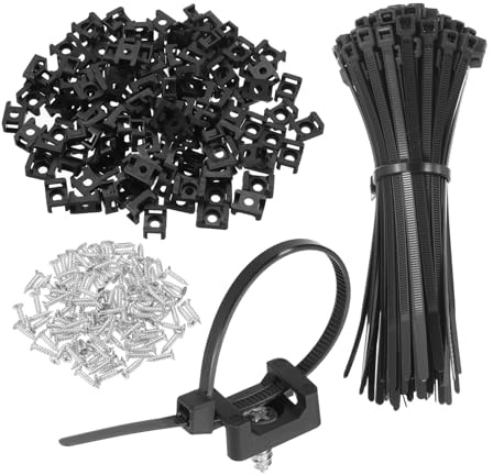 sourcing map 150 soportes tipo sillín de 0.9 pulgadas con bridas de cable de 6 pulgadas y tornillos de rosca M5, juego de abrazaderas de soporte organizador de alambre, color negro