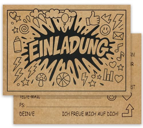 ZELAITE 12 x Kreativ-Einladungskarten zum Ausmalen aus Kraftpapier - Geburtstagseinladung Kinder - Kreativität Einladungskarten Kindergeburtstag Junge Mädchen - Mit Umschlägen (A)