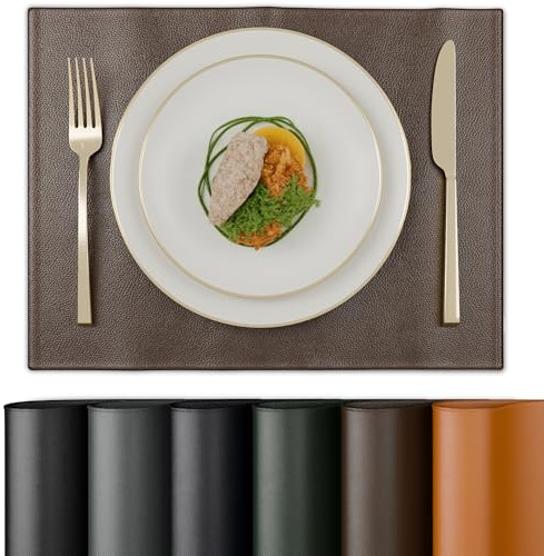 Encasa XO Tovagliette Americane, Similpelle 17x12 Marrone scuro | Pelle PU Impermeabile | Resistente al Calore | Facile da Pulire | Set di 4